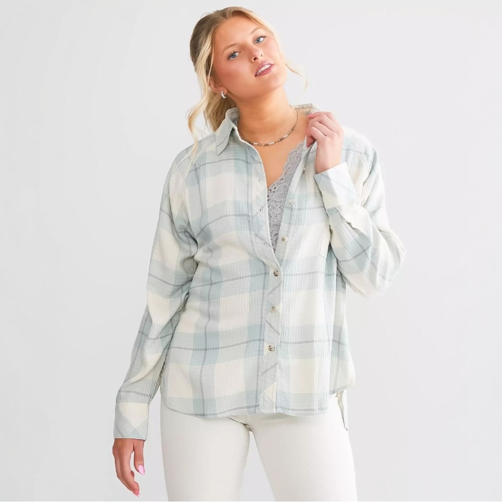Light Blue Plaid Button-Up Shirt - Women